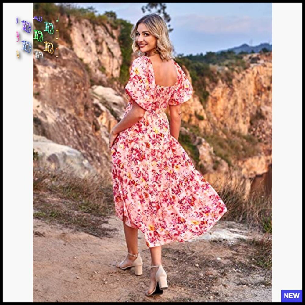 Boho Maxi Dress Flowy Smocked Back Square Neck Short Sleeve Casual Summer - Picture 4 of 7